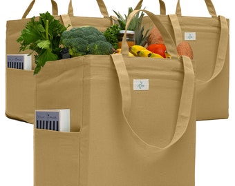 Large Reusable Grocery Bags - 100% Cotton 12Oz Canvas Grocery Bags with Handles, Grocery Tote Bag, Heavy Duty, Foldable Market Bag - 3 bags