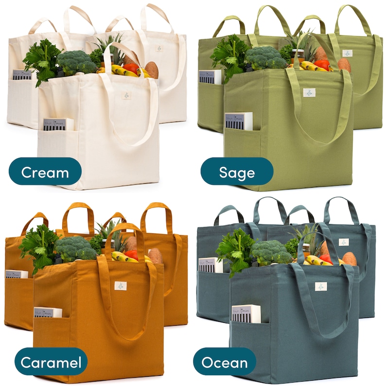 Large Reusable Grocery Bags 100% Cotton 12Oz Canvas Grocery Bags with Handles, Grocery Tote Bag, Heavy Duty, Foldable Market Bag 3 bags image 2