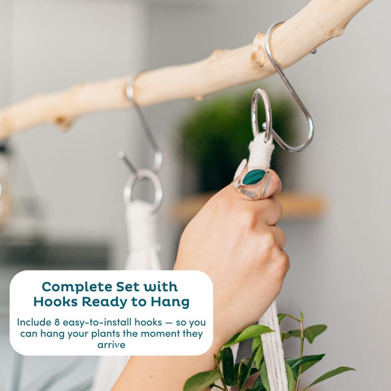 May include: A plant hanger with a white rope, held by a hand. The hanger is attached to a wooden branch with a metal hook. The image includes the text "Complete Set with Hooks Ready to Hang".