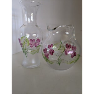 Vtg HandPainted Hand Blown Pitcher  & Matching Vase Elegant Edinburgh Crystal