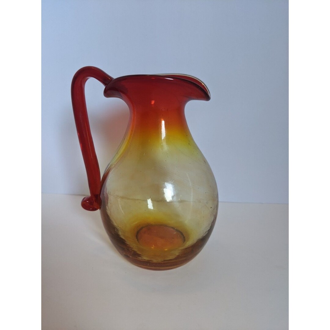 Art Glass Amberina Red Orange Yellow Pitcher Vase Blenko Hand Blown Etsy