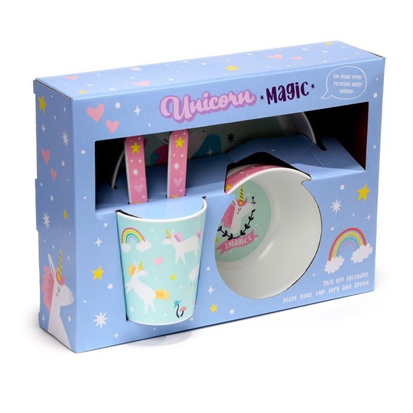 Kids Unicorn Cup, Bowl, Plate & Cutlery Set