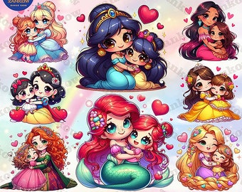 8 Mom And Daughter Princess Png Bundle, Cartoon Mother Png, Mother’s Day Png Bundle, Gift For Mom Png, Motherhood Png Instant Download