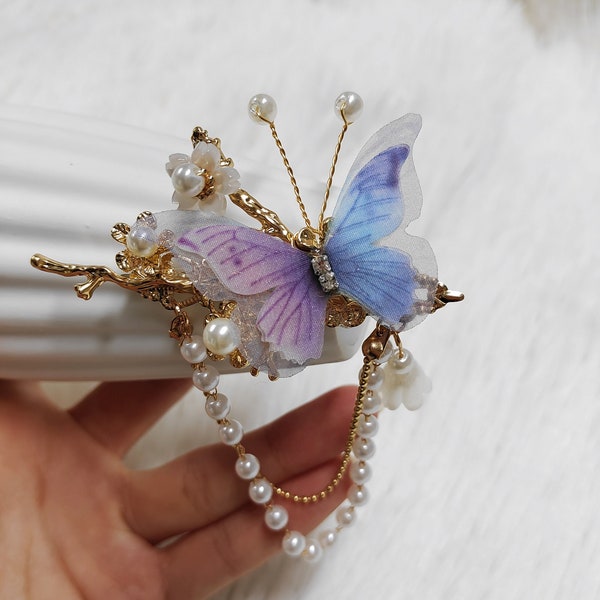 Épingle à cheveux papillon violet, Barrette sur le côté, Épingle à cheveux en soie, Barrette à cheveux en métal, Accessoires pour cheveux Hanfu