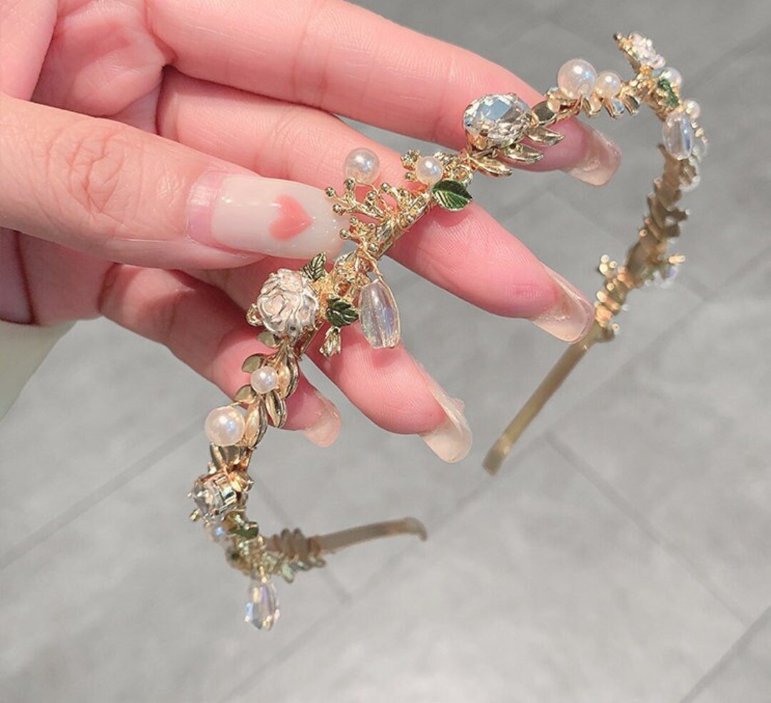 Green Leaf Headband, Metal Hairband, Flower Head Band, Pearl Hair Bands