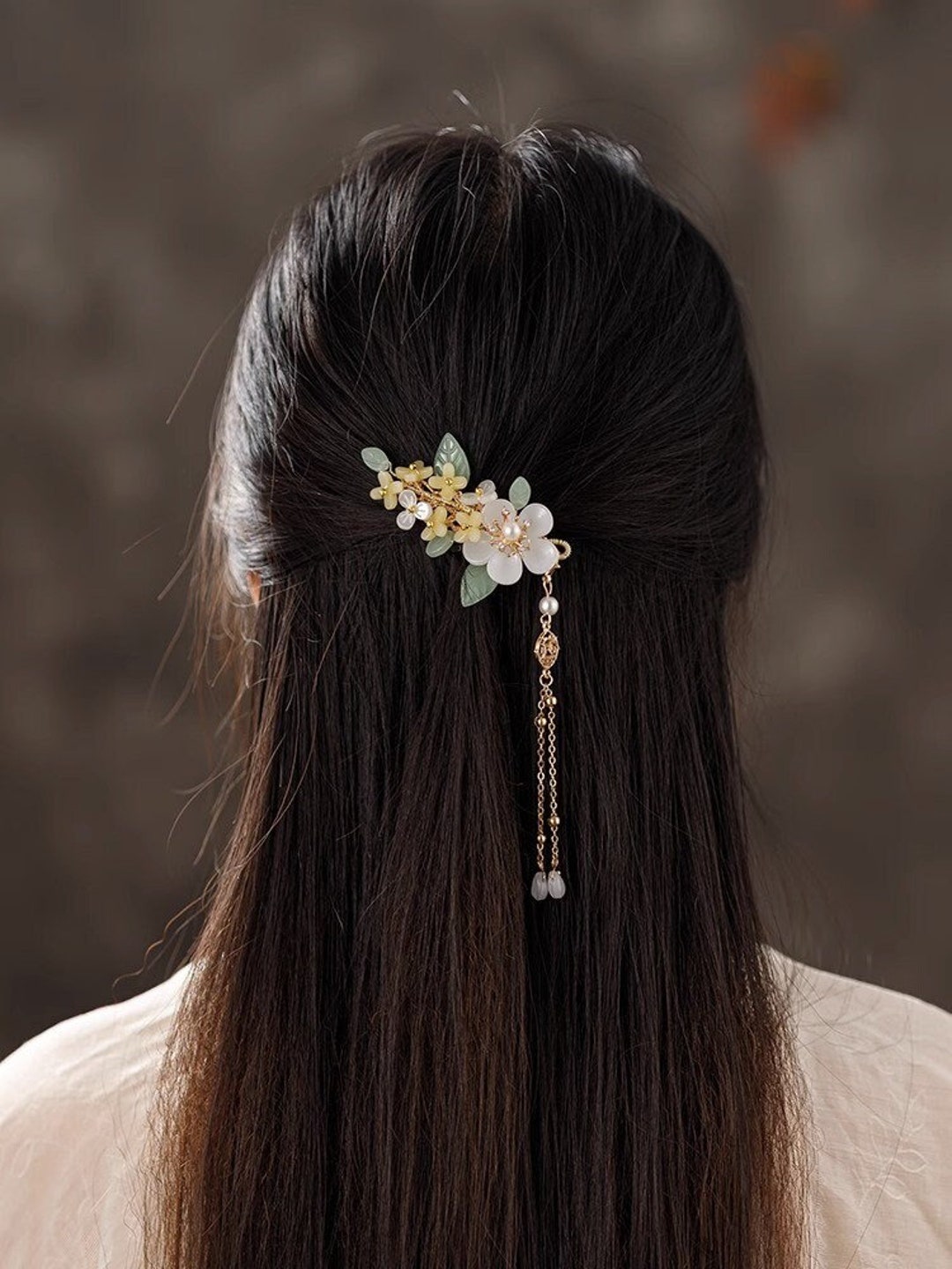 Osmanthus Floating Jade Tassels Hairpin, Side Hair Clip, Minimalist
