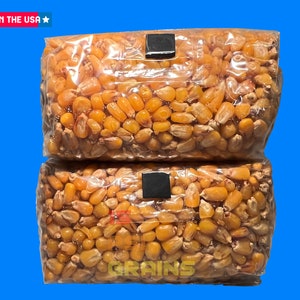 May include: Two clear plastic bags filled with yellow corn kernels. The bags are sealed and labeled "Made in the USA" and "GRAINS".
