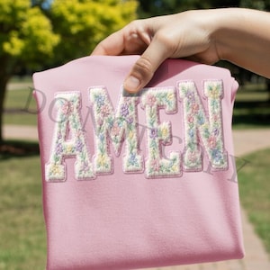 Floral “Amen” Dtf Transfer – Vintage Chenille Patch Style | Easter Spring Ready To Press Heat Transfer