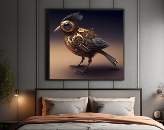 Steampunk Mechanical Bird - Digital Art Print - Retro Futuristic Wall Decor - AI Art