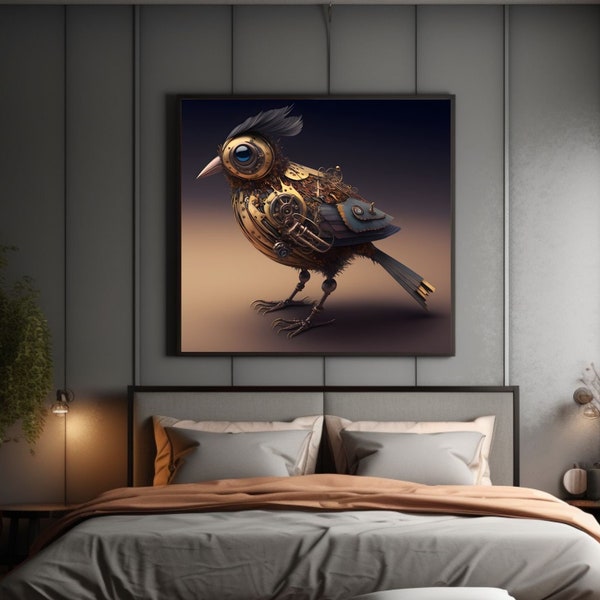 Steampunk Mechanical Bird - Digital Art Print - Retro Futuristic Wall Decor - AI Art