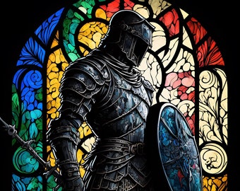 Stained glass Souls-Like Dark Fantasy Knight, Ai Generated Art, Wall Art