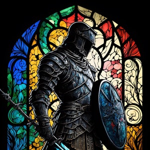 May include: A black and blue knight in full armour stands in front of a stained glass window. The knight is holding a sword and a shield. The stained glass window has a variety of colours, including red, yellow, blue, and green.