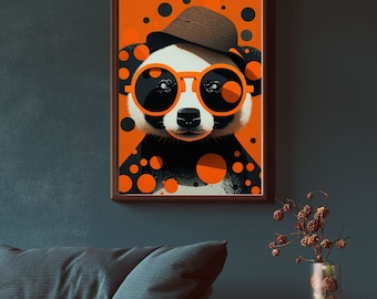Pop Art Panda - Digital Artwork - Sunglasses and Hat - Wall Art - Instant Download - AI Generated