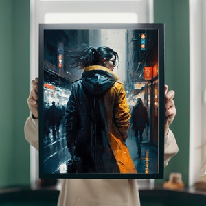 Cyberpunk City Street Picture Frame, AI-Generated Art - Perfect For Home Decor, Digital Ai Poster, Printable Ai Wall Art,