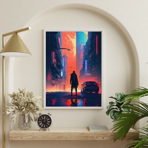 Cyberpunk Vaporwave City Street Digital Art Print - Natychmiastowe pobranie - Generowana przez AI Sztuka Ścienna do Akademika, Sypialni lub Pokoju Gier - Sci-Fi