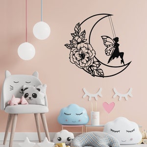 Fairy Swinging on the Moon Metal Wall Art, Fairy Metal Art, Wall Decor, Girls Room Decor, Fairy Moon Wall Art, Fairy Decor, Fairies Wall Art