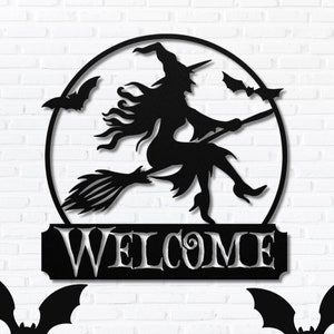 Flying Witch Halloween Welcome Metal Sign - Spooky Home Decor - Customizable Metal Wall Art
