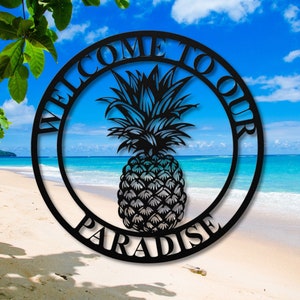 Tropical Pineapple Welcome Sign - Personalized Metal Art