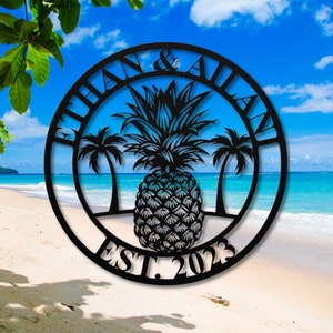 Pineapple Palm Trees Metal Wall Art - Beach House Exotic Decor for a Tropical Paradise - Tropical Metal Wall Decor - Coastal Metal Decor