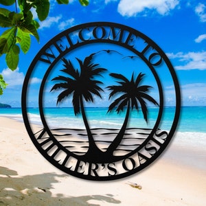 Personalized Palm Trees Beach Metal Wall Art | Customizable Tropical Decor | Palm Tree Beach House Decor | Beach Themed Wall Art