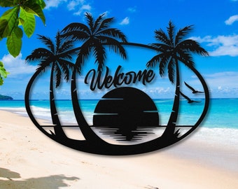 Palm Tree Metal Welcome Sign – Tropical Beach House Decor