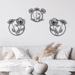 Poppy Flowers Metal Wall Art Set of 3 for Livingroom, Bedroom, Abobe Bed Decor, Unique Home Decoration, Metal Flower Wall Art, Housewarming
