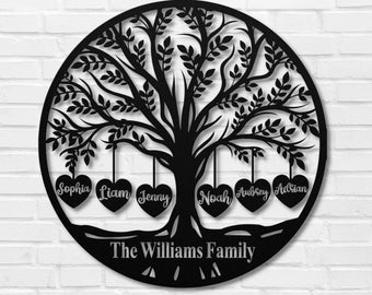 Metal Family Tree Wall Art with Engraved Names of Family Members and Grandkids Sign, Perfect Mom Gift - Personalized Gift for Grandparents