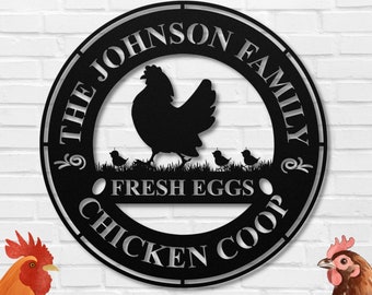 May include: Black metal sign with a circular design featuring a hen and chicks, the text "THE JOHNSON FAMILY FRESH EGGS CHICKEN COOP". The sign is mounted on a white brick wall. Two watercolor chickens are on either side.