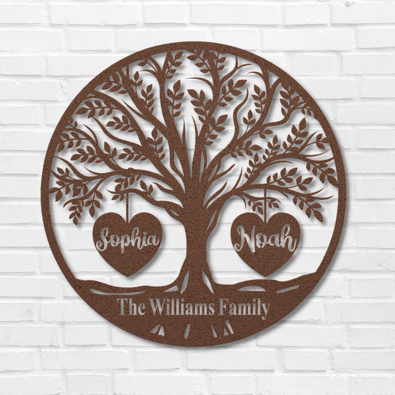 Metal Family Tree Wall Art Two Engraved Names of Family Members and ...