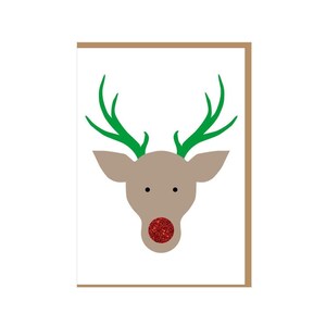 Carte de Noël de renne - RUDOLPH - Red Glitter - Handfinished et Printed on Recycled paper