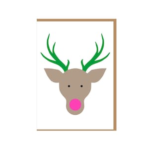 Rentier Weihnachtskarte. Neon Pink - Handveredelt und auf Recycling Papier gedruckt