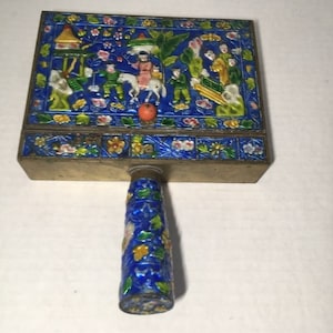 Chinese Cloisonne Brass Bronze Enamel Box Handle Lid Silk Iron Ashtray Chinoiserie  This Antique (or at least vintage) Cloisonne Chinoiserie