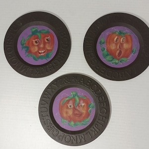 Hand painted Pumpkin Metal Tin Plates Set of 3 Expressive Creative Unique Rare