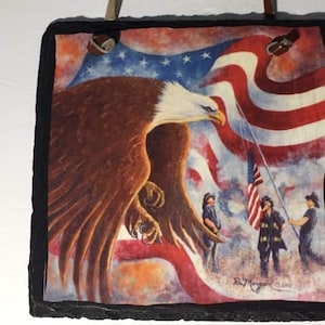 9/11 Memorial Plaque Eagle USA Flag Evergreen Artist Palette Slate Art Safe for Outdoor Use United States