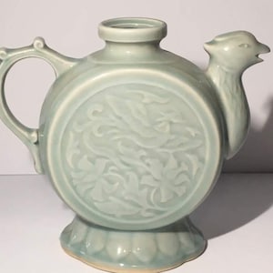 Green Art Vase Pitcher Ceramic Vintage Tea Pot No Stopper Phoenix Bird Dragon Design
