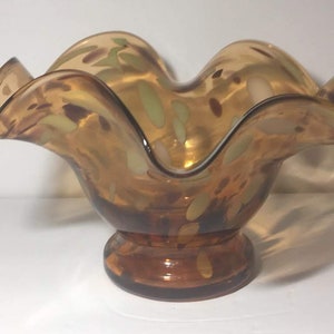 Unique Art Blown Glass Bowl Amber Brown Polka Dots Handmade Decorative Caramel Petal Flower Wavy Blown Ruffle Pedestal Vase