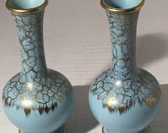 Jarrón de cerámica alemana vintage con forma de capullo, esmaltado en dorado y color turquesa, juego de 2 (Alemania)