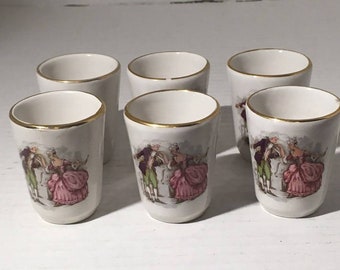 Juego de 6 mini vasos de cerámica para chupitos, estilo vintage, cortejo, baile, pareja, colonial, peluca empolvada