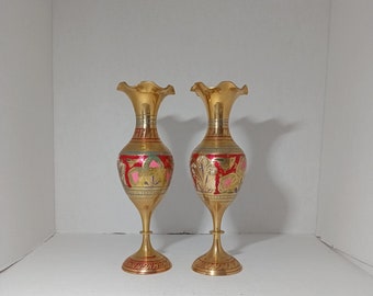 Pair of Brass Vases Painted India Art