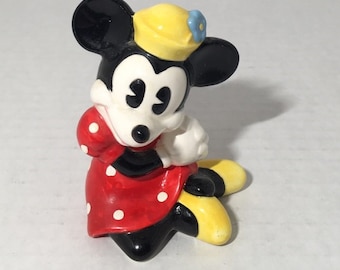 Minnie Mouse Disney Porcelain Figurine Red Polka Dot Dress Yellow Hat Shoes Flower