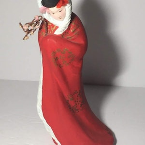 Japanese Geisha Girl Red Cloak White Trim Cherry Blossom Branch Ceramic