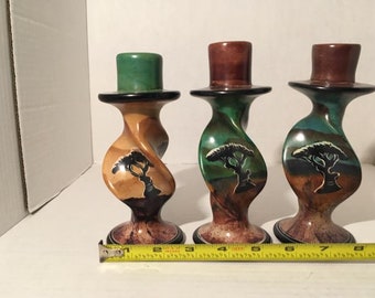 Soapstone Candle Stick Set of 3 Giraffe Zebra Elephant Hand Carved Africa