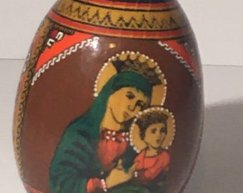 Religious Virgin Mary Jesus Wood Painted Egg Handmade Hand painted Russian Catholic Vintage