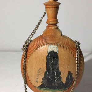 Folk Art Flask Wine Water Wood Painted Mountain Scene