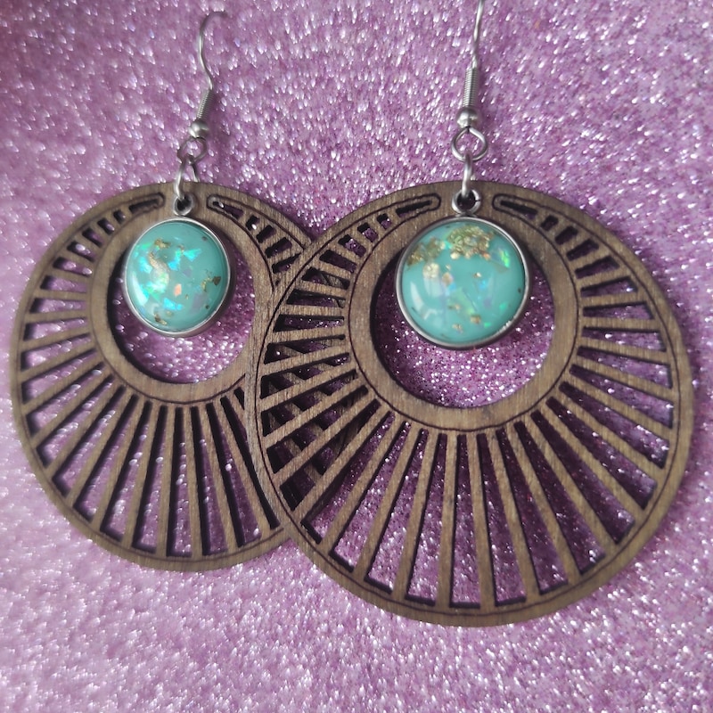 Boucles D'oreilles Bois Et Résine Turquoise - Fait Main - Vurmashop