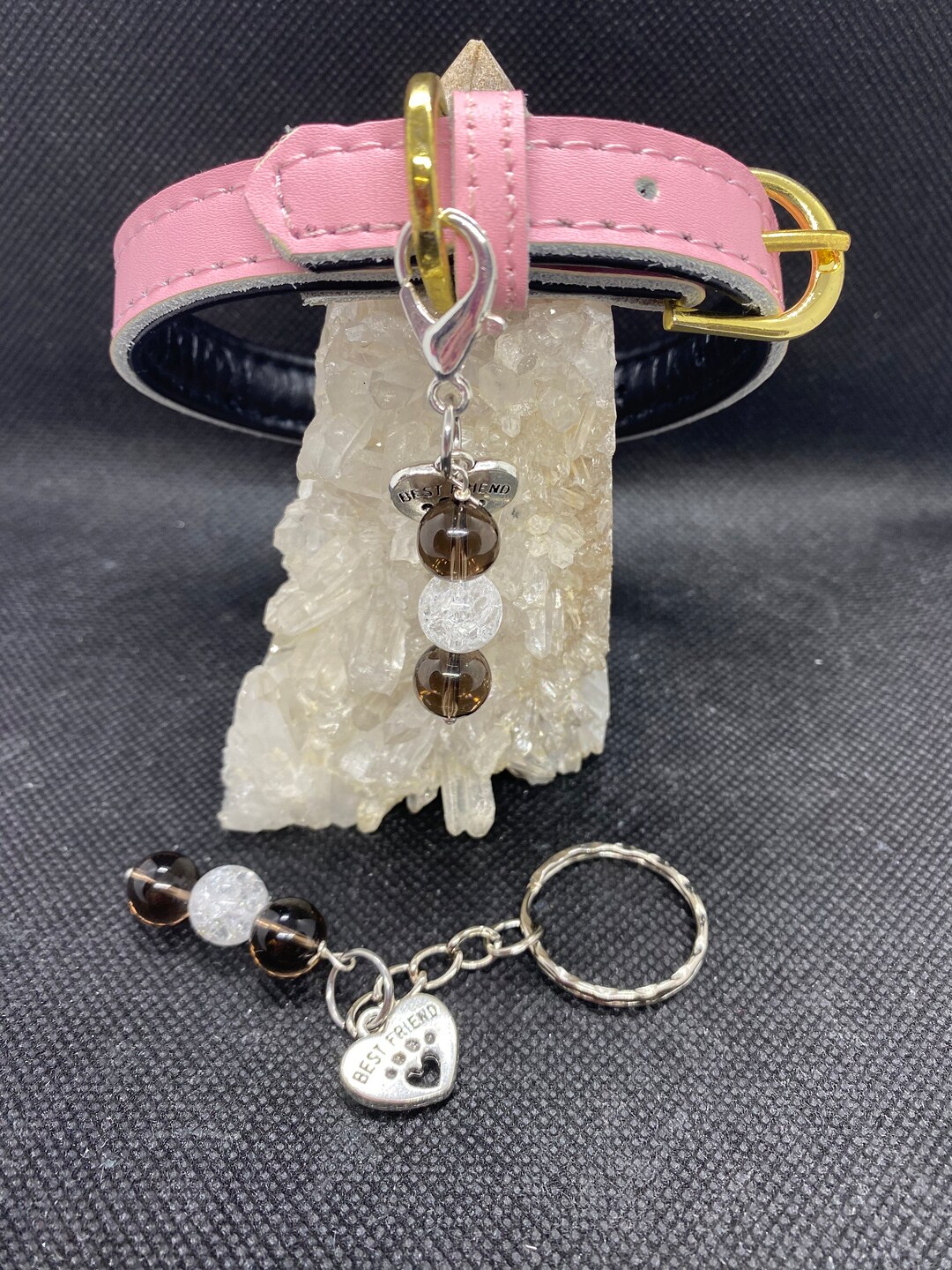 Smokey & Crackle Quartz Set, Gemstone Dog Tag, Crystal Cat Collar