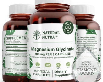 NaturalNutra Glicinato de Magnesio 400 mg, Puro, Efectos calmantes y rejuvenecedores, Alta biodisponibilidad para el sueño, la ansiedad, el síndrome de piernas inquietas, Vegano, Sin soja