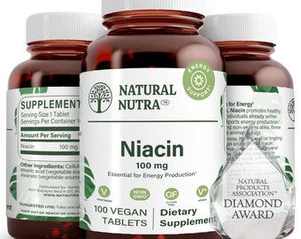 Suplemento Natural Nutra Niacin 100mg (Vitamina B3) para aumentar la energía, mejorar la digestión y la función cerebral. Tabletas sin gluten.