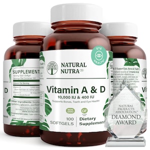 May include: Three brown bottles of Natural Nutra Vitamin A & D 10,000 IU & 400 IU softgels. The bottles are labeled with the product name, dosage, and a green tree logo. The bottles are on a white background. The text on the bottle says "Supports Bones, Teeth and Eye Health". The bottles are non-GMO and gluten-free. The bottles are 100 softgels. The bottles are dietary supplements.