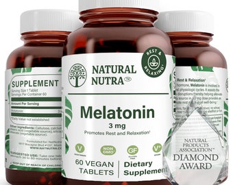Suplemento de melatonina de 3 mg: 60 comprimidos veganos para el descanso y la relajación.